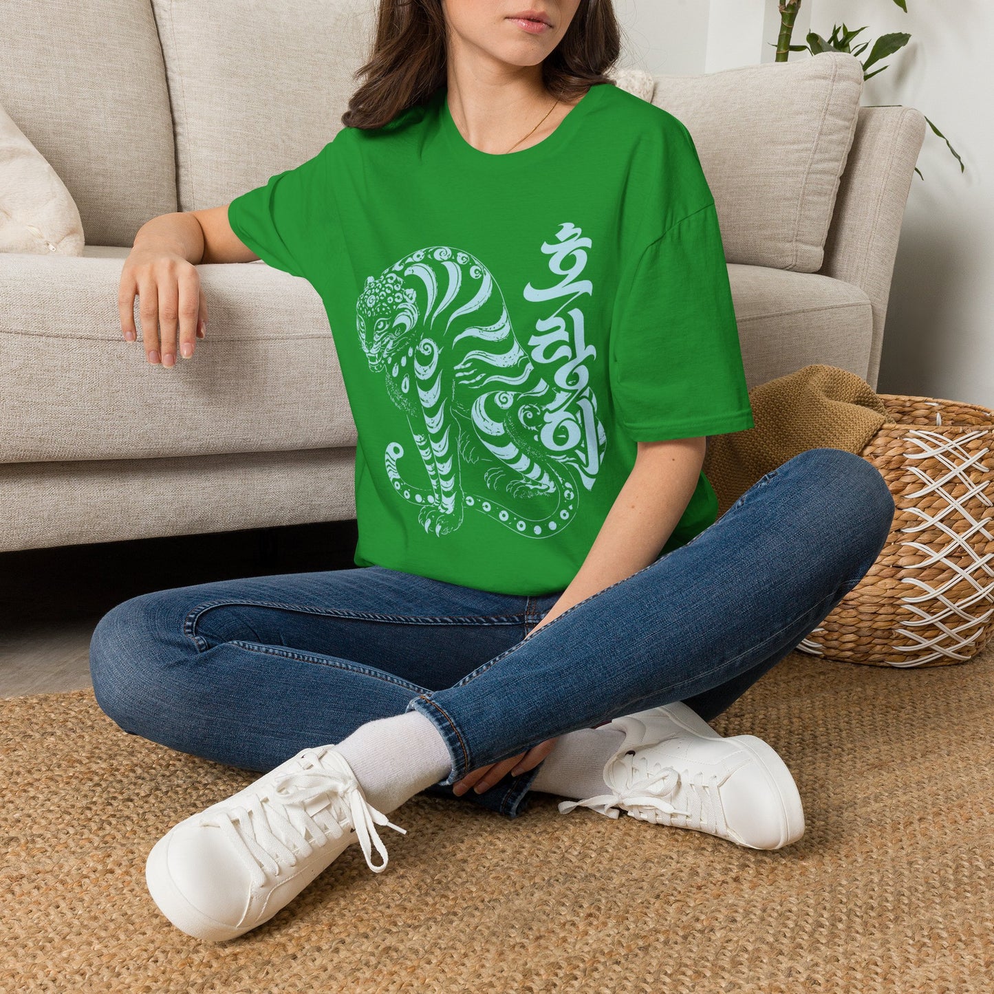 Korean Tiger Graphic T‑Shirt — Stylized Blue Tiger with Hangul Accent
