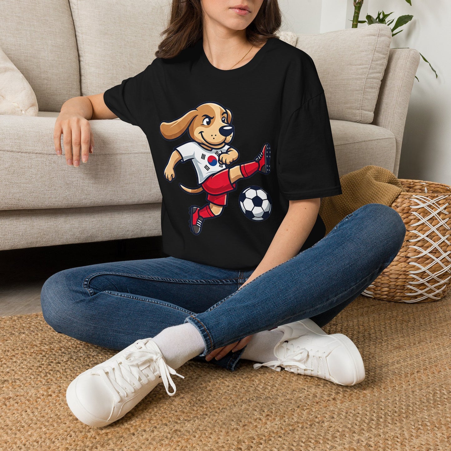 Kids’ Soccer Dog T-Shirt — Cute Cartoon Puppy Kicking Ball (Korean Flag Jersey)