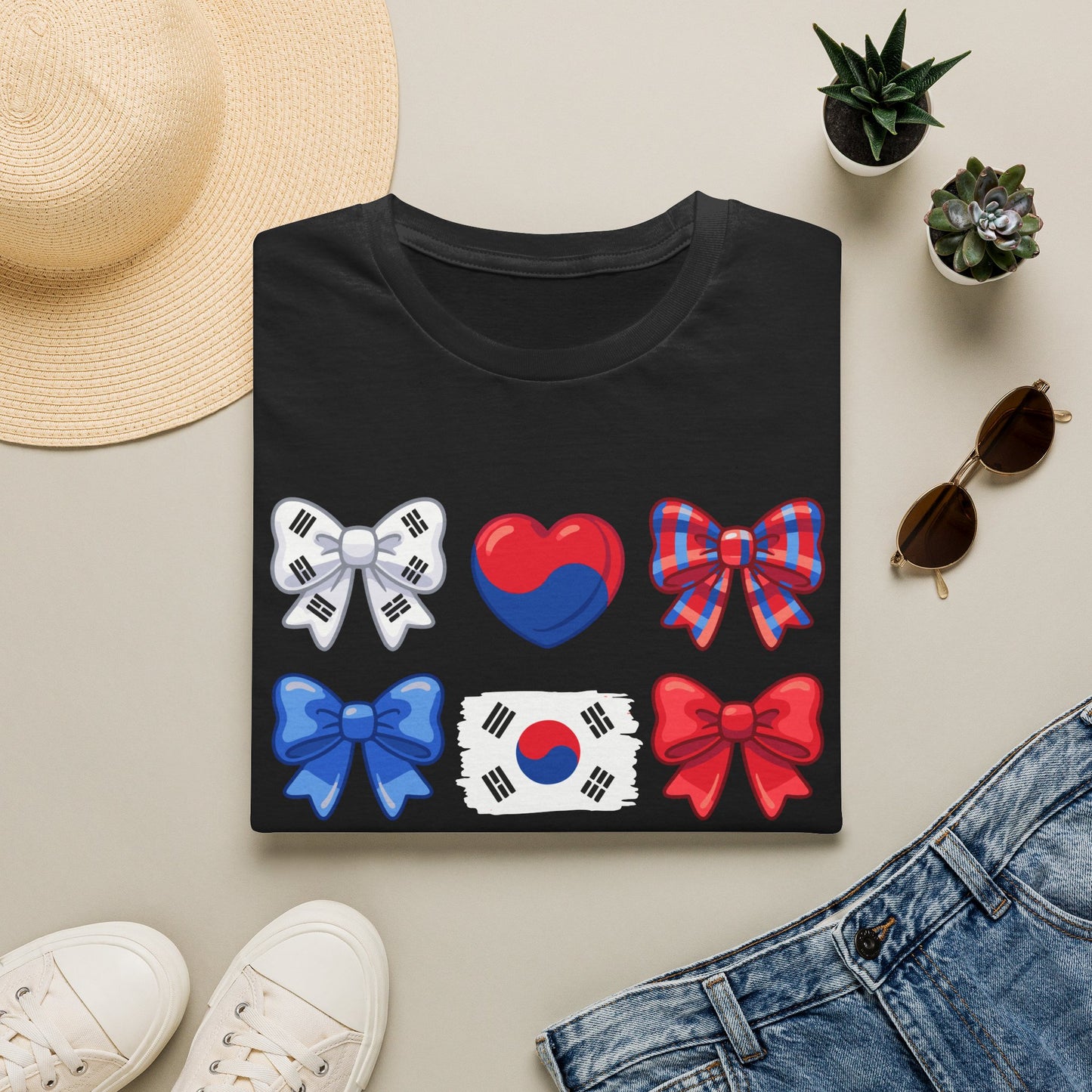 South Korea Bow Graphic T‑Shirt — Korean Flag Heart & Ribbon Design