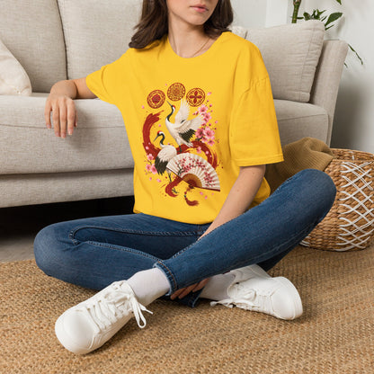 Crane & Cherry Blossom T-Shirt — Asian-Inspired Zen Floral Design