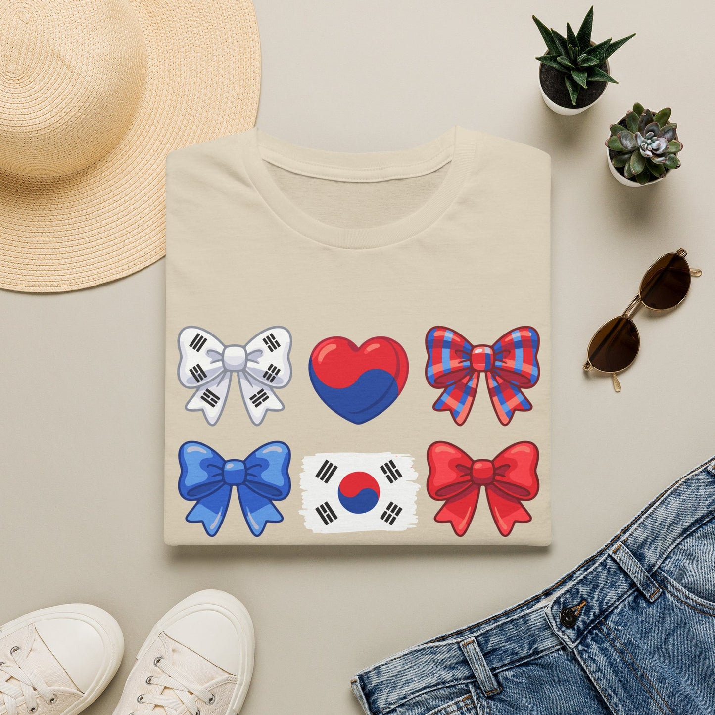 South Korea Bow Graphic T‑Shirt — Korean Flag Heart & Ribbon Design