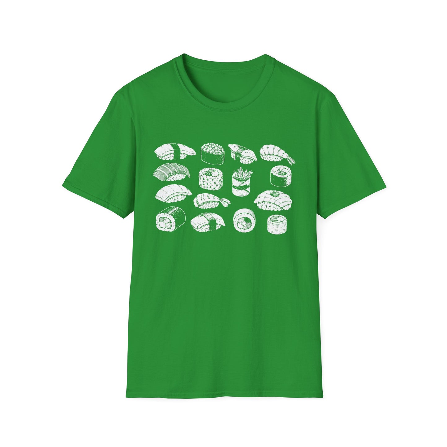 Sushi Pattern T-Shirt — White Hand-Drawn Sushi Icons Tee