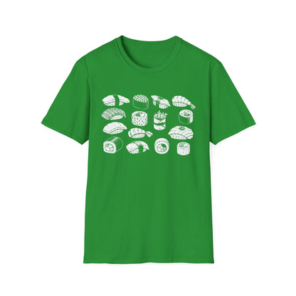 Sushi Pattern T-Shirt — White Hand-Drawn Sushi Icons Tee