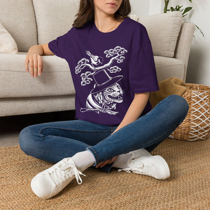 Cat in Top Hat T-Shirt — Whimsical Noir Cat & Bird Graphic Tee