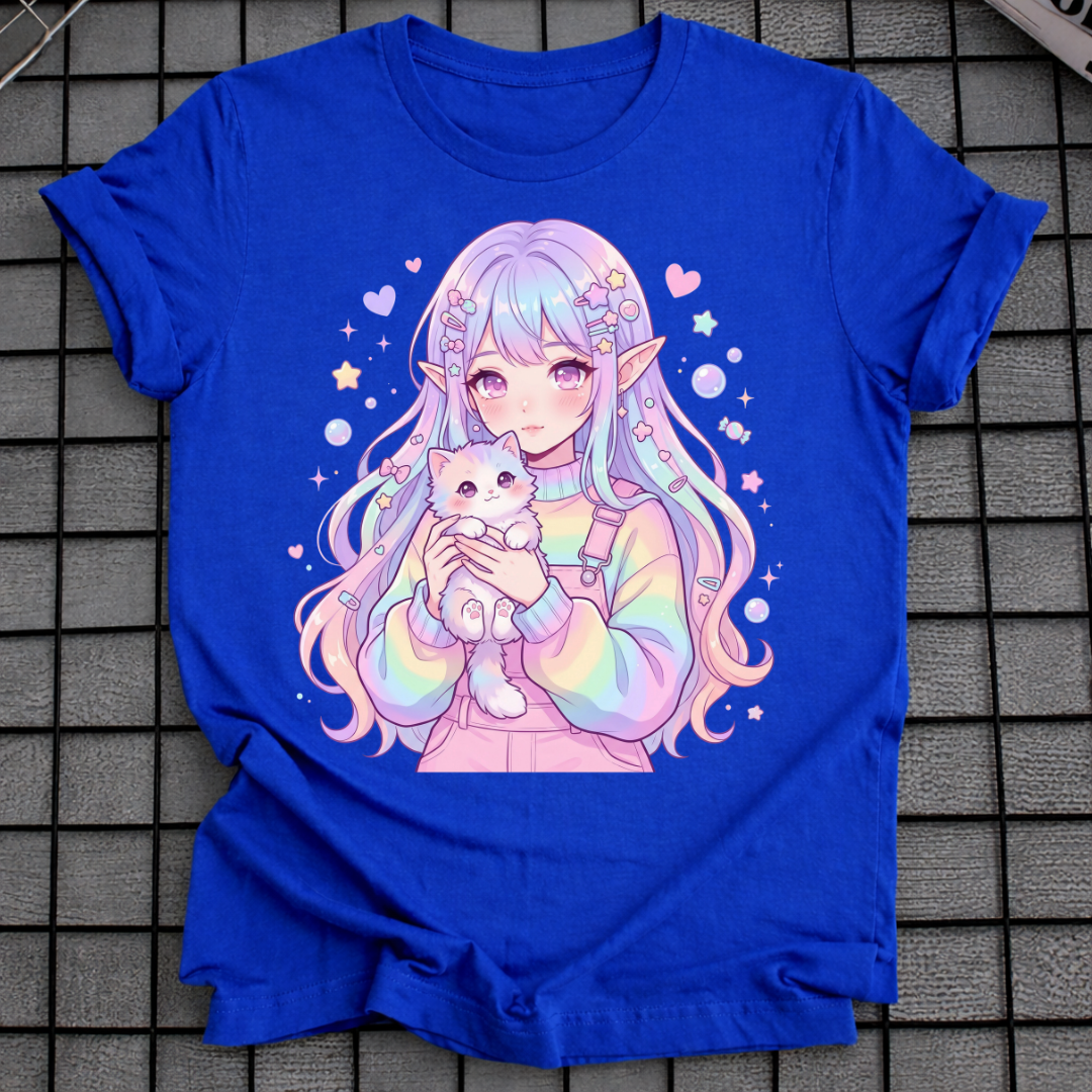 PASTELL ANIME MÄDCHEN HÄLT KATZE T-SHIRT
