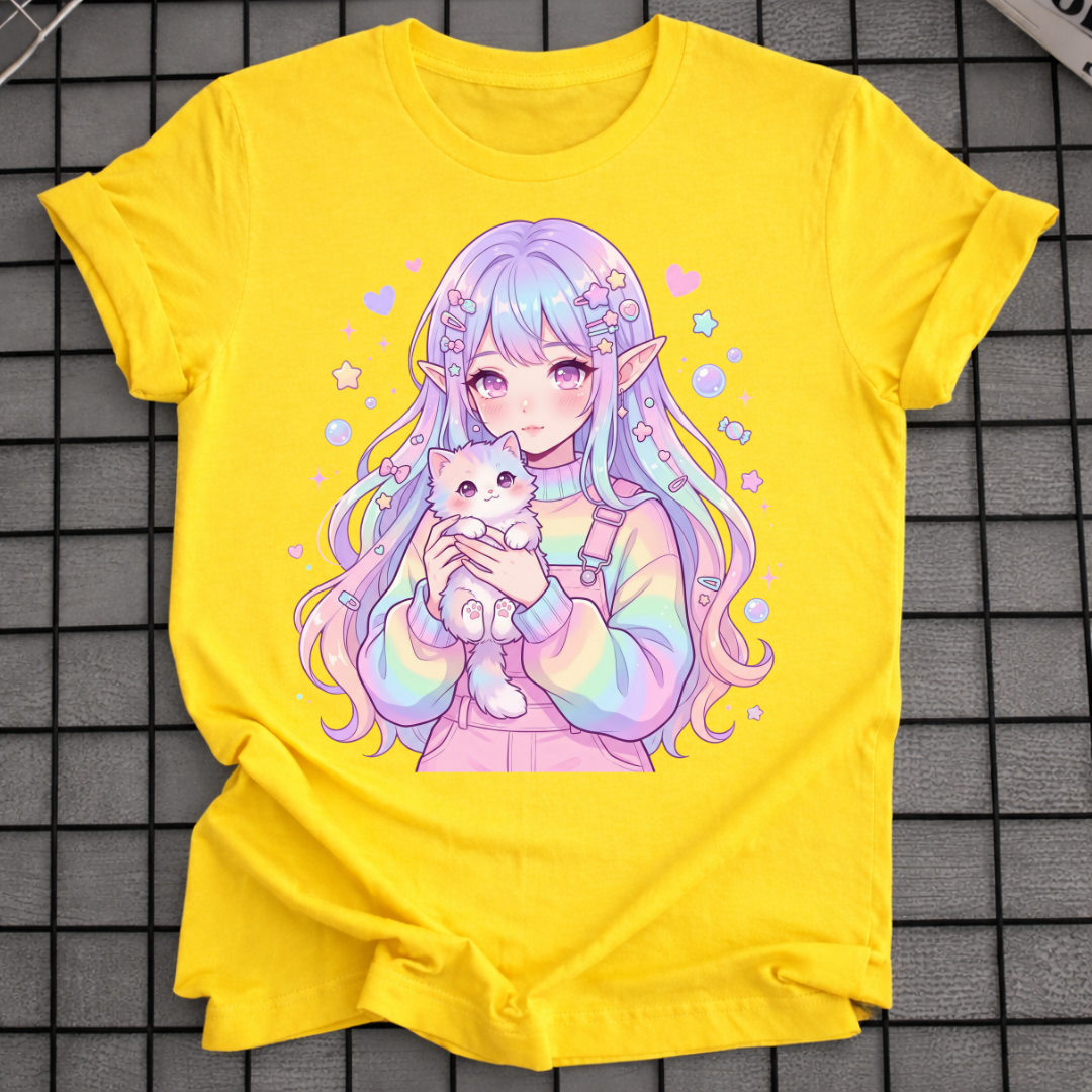 PASTELL ANIME MÄDCHEN HÄLT KATZE T-SHIRT
