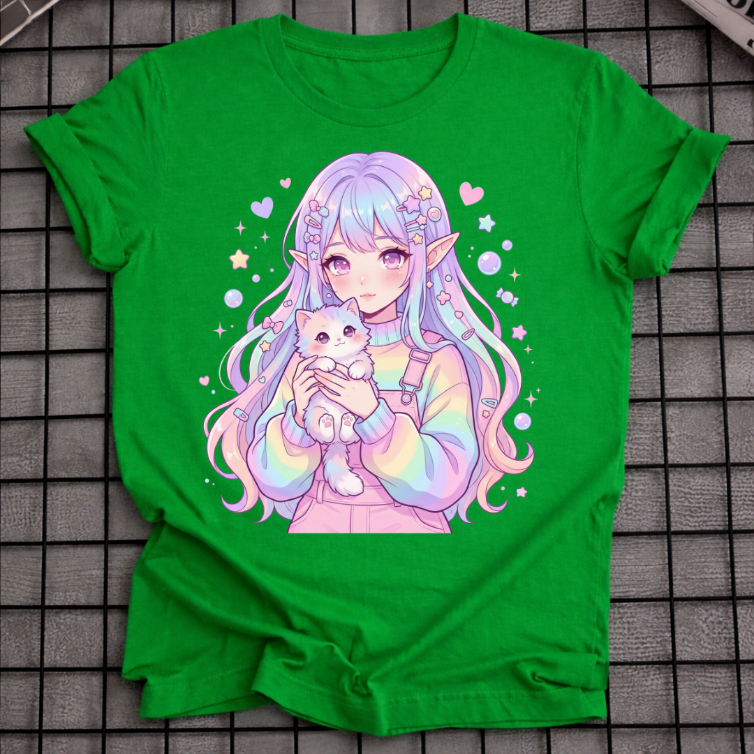 PASTELL ANIME MÄDCHEN HÄLT KATZE T-SHIRT