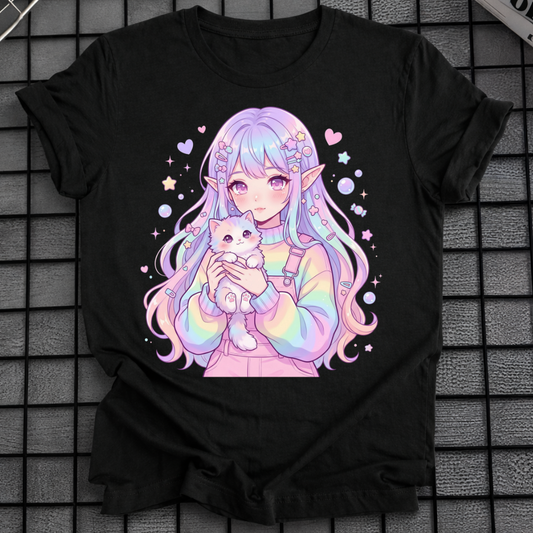 PASTEL ANIME GIRL HOLDING CAT T-SHIRT