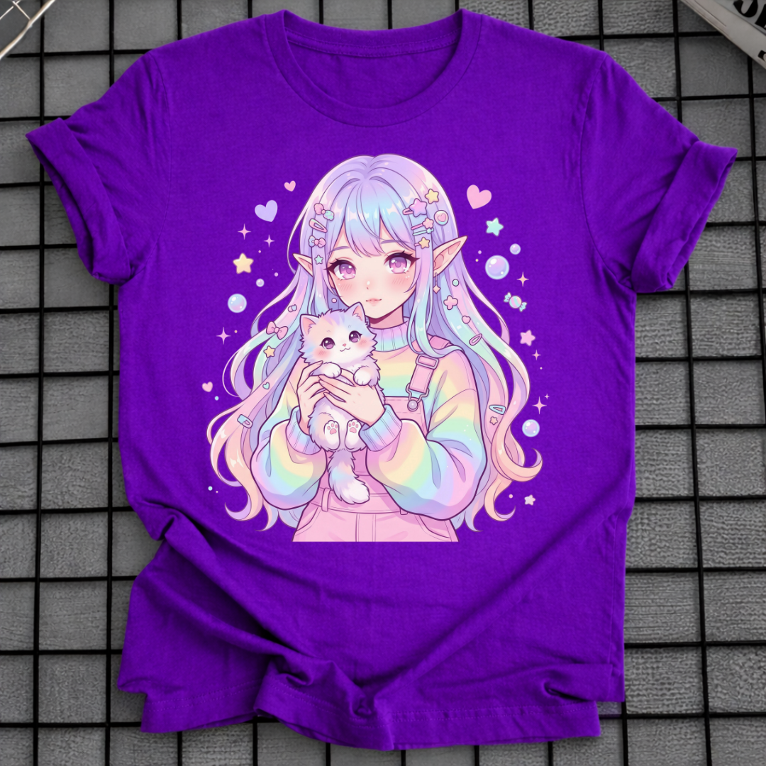 PASTELL ANIME MÄDCHEN HÄLT KATZE T-SHIRT