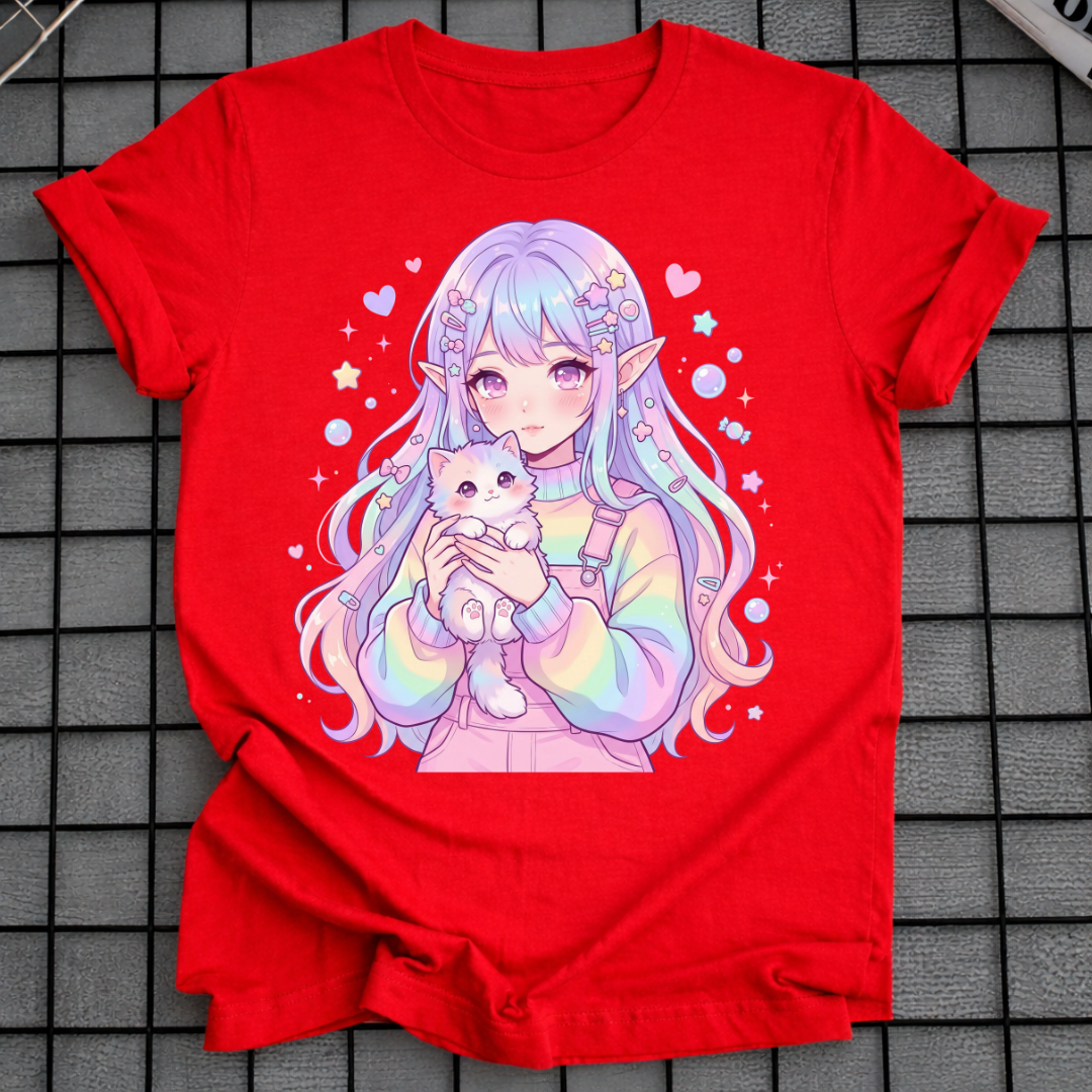 PASTELL ANIME MÄDCHEN HÄLT KATZE T-SHIRT