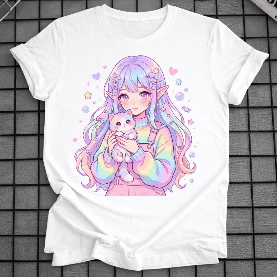 PASTELL ANIME MÄDCHEN HÄLT KATZE T-SHIRT