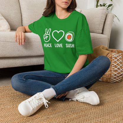Peace Love Sushi T-Shirt — Cute Sushi Graphic Tee for Foodies