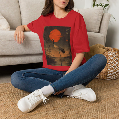 Crane & Red Sun T-Shirt — Japanese Vintage Sunset Tee