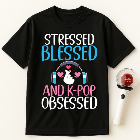 STRESSED BLESSED AND K-POP OBSESSED HEADPHONES UNISEX T-SHIRT