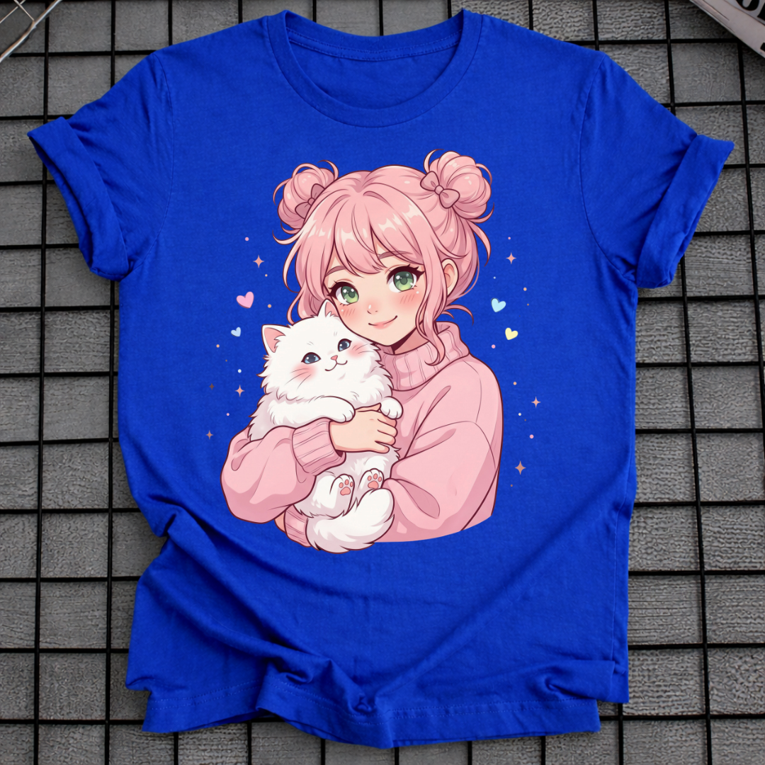 ANIME-MÄDCHEN UMARMT KATZE T-SHIRT