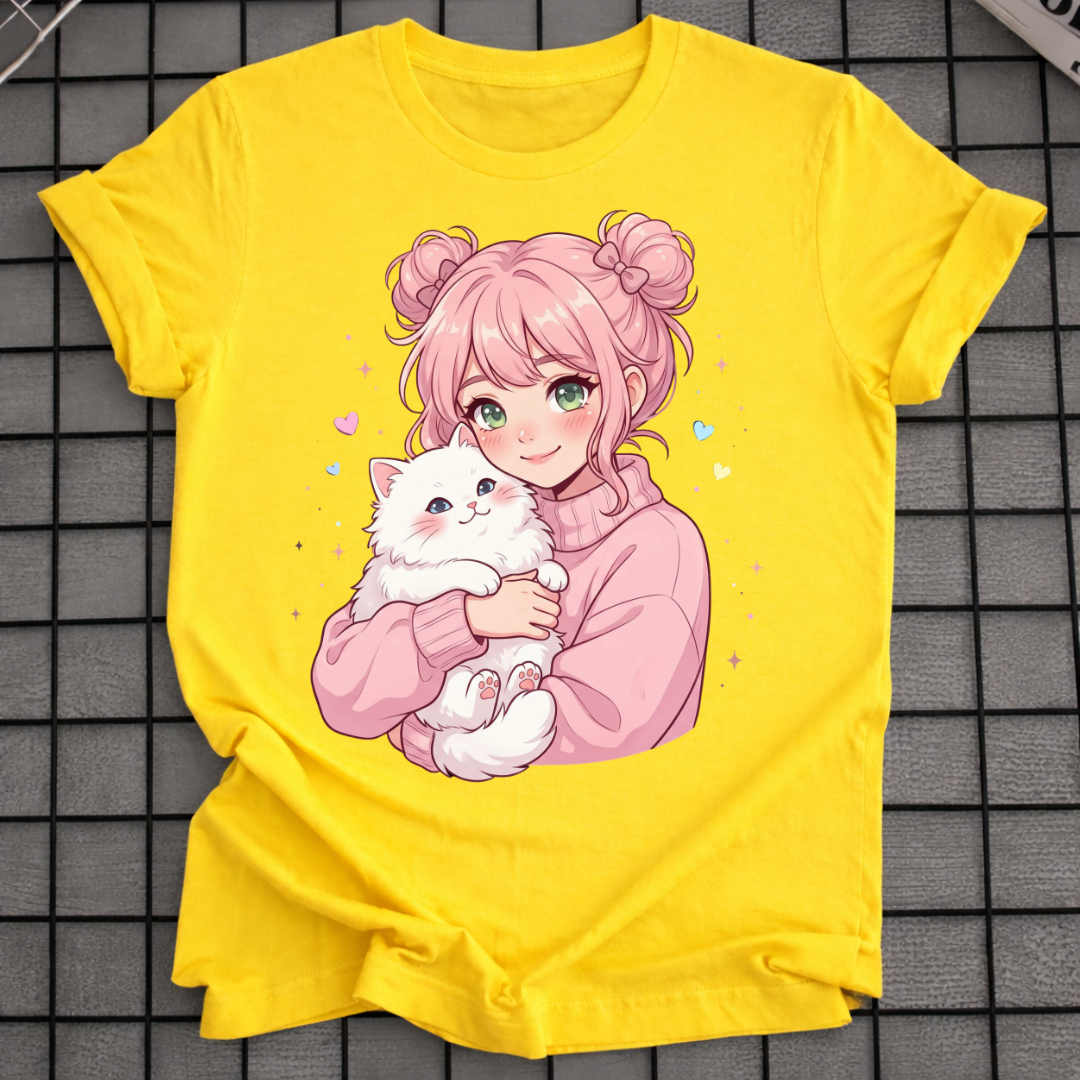 ANIME-MÄDCHEN UMARMT KATZE T-SHIRT