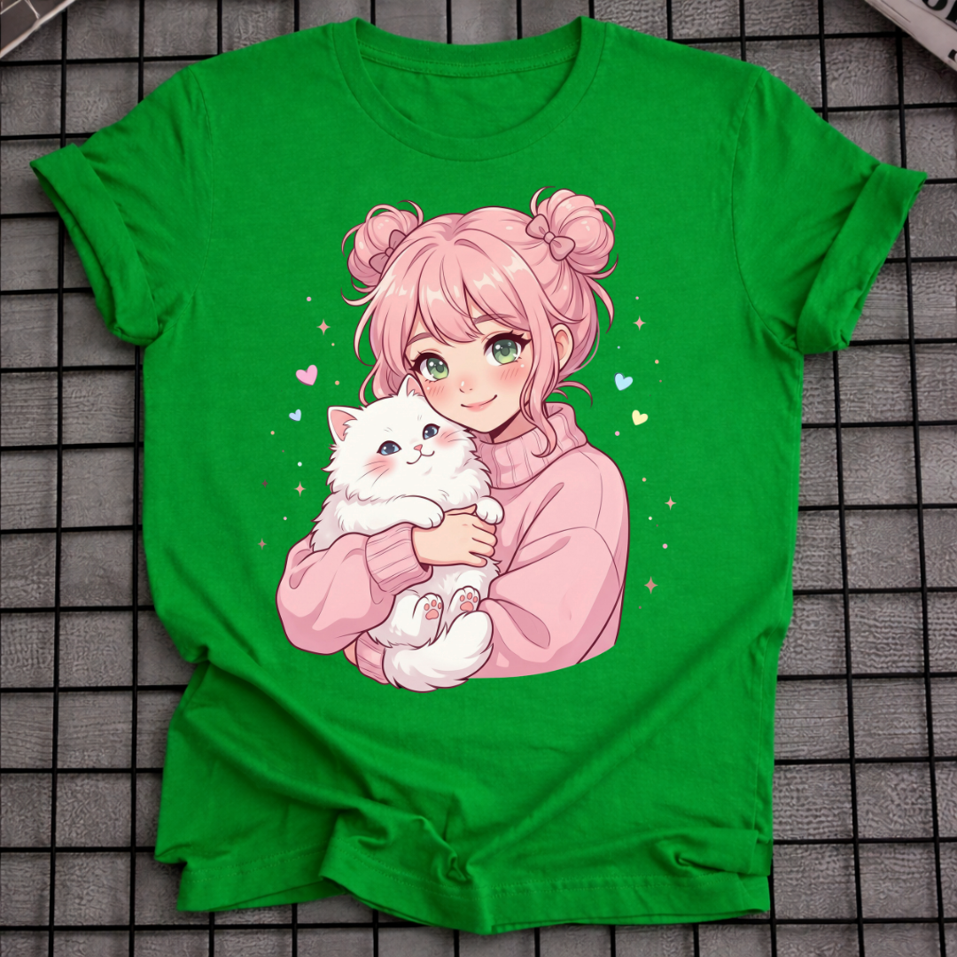 ANIME-MÄDCHEN UMARMT KATZE T-SHIRT