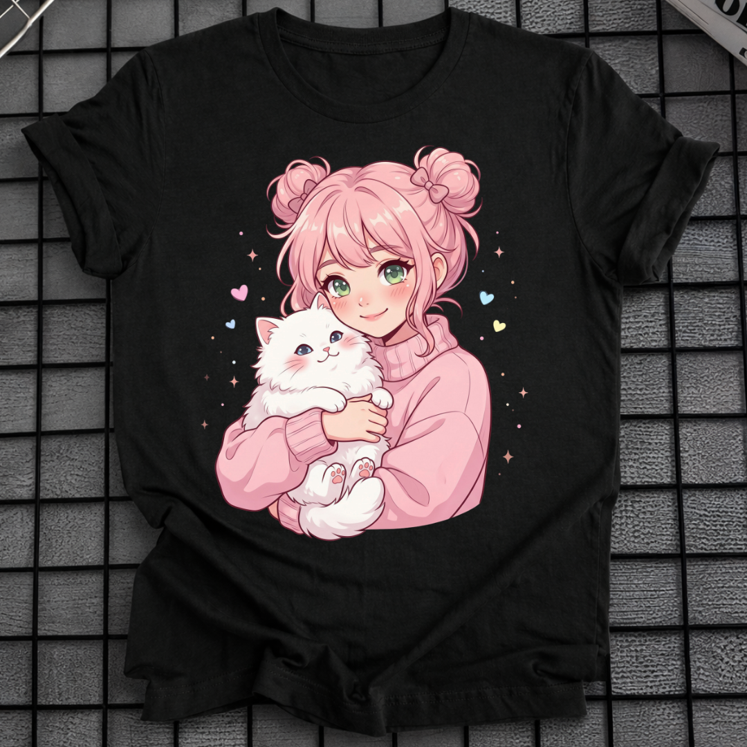 ANIME-MÄDCHEN UMARMT KATZE T-SHIRT