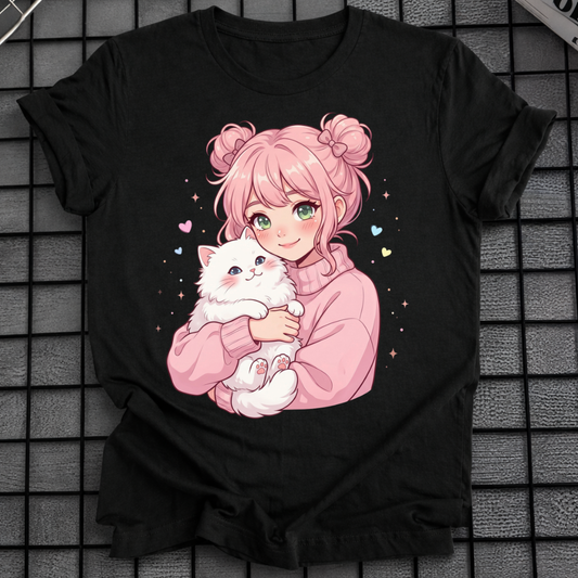 ANIME GIRL HUGGING CAT T-SHIRT