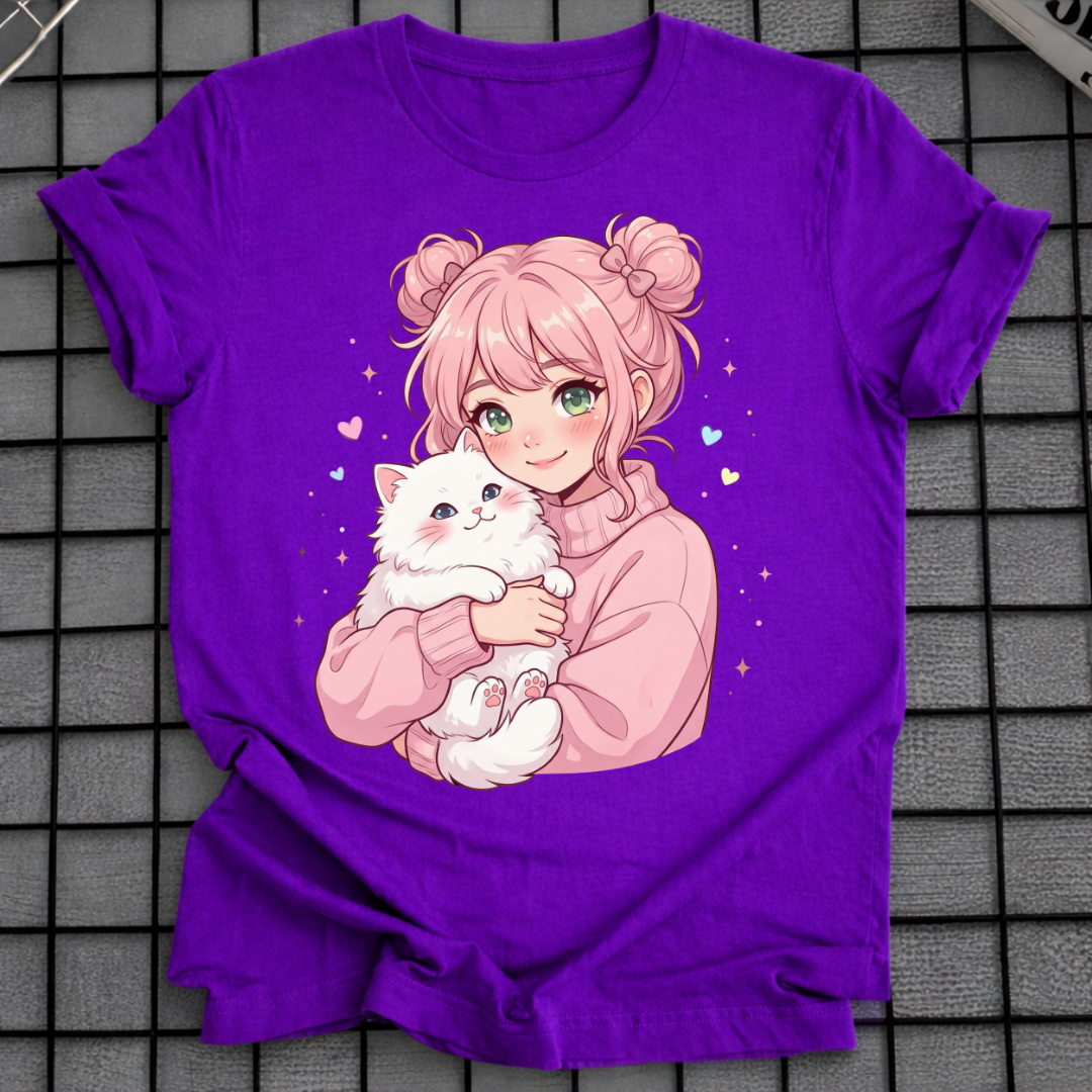 ANIME-MÄDCHEN UMARMT KATZE T-SHIRT