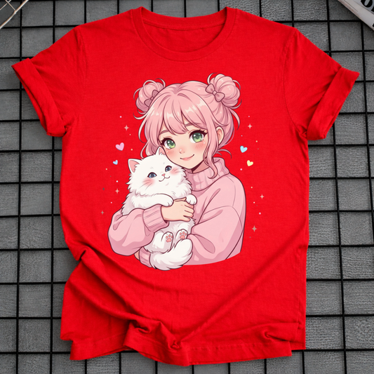 ANIME GIRL HUGGING CAT T-SHIRT