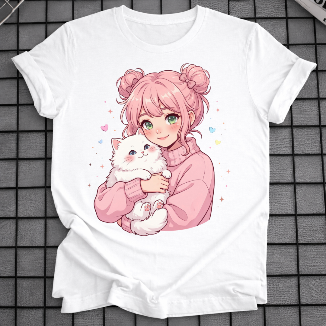 ANIME-MÄDCHEN UMARMT KATZE T-SHIRT