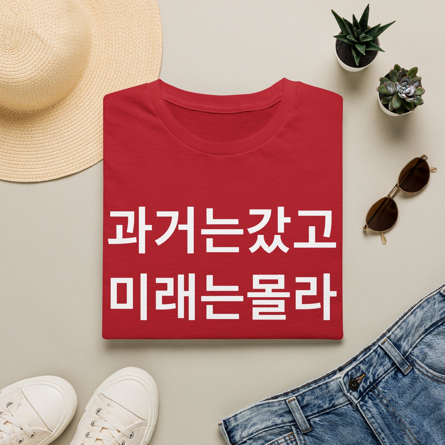 Korean Phrase T-Shirt — '과거는갔고 미래는몰라' Minimalist Typography Tee