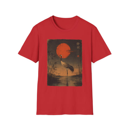 Crane & Red Sun T-Shirt — Japanese Vintage Sunset Tee