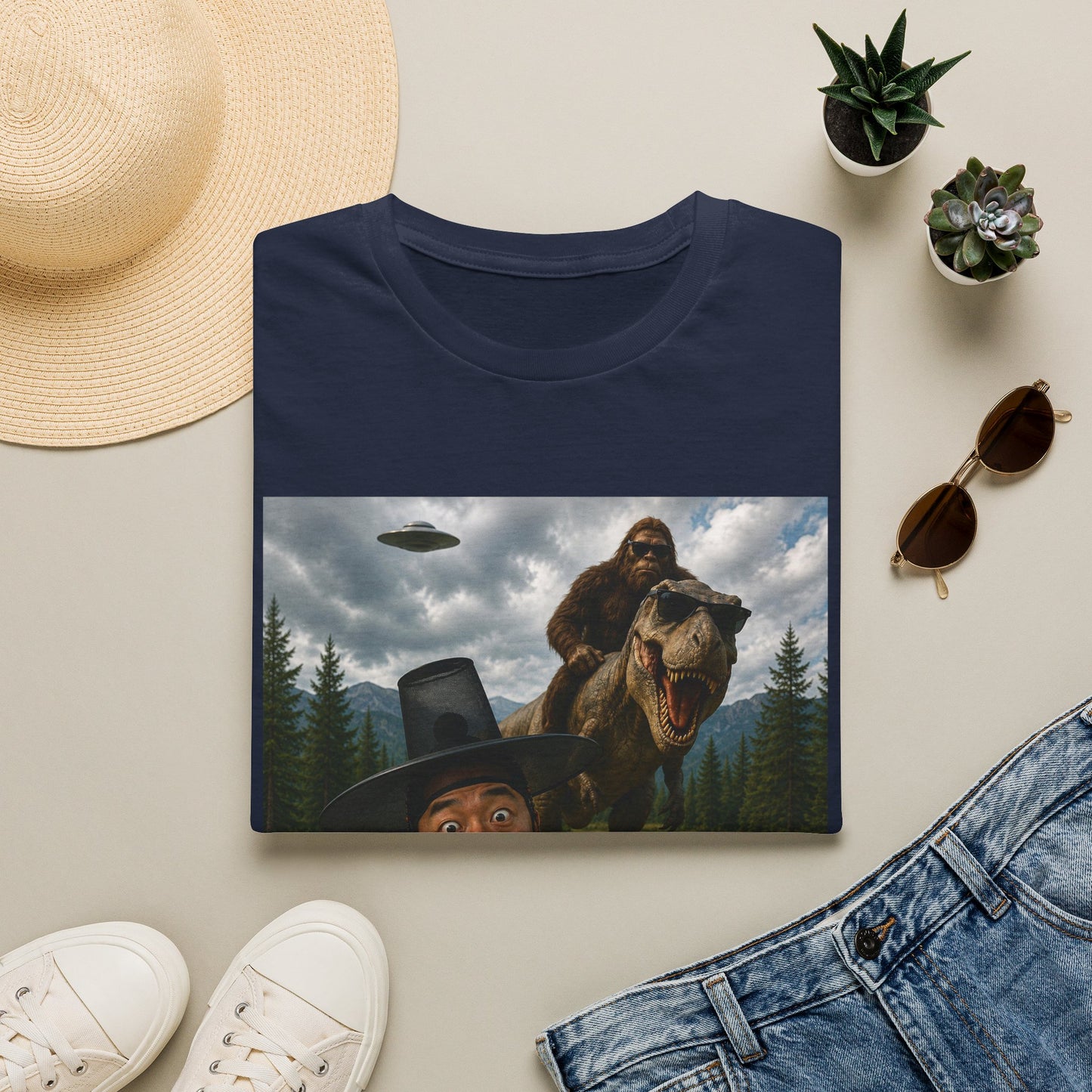 Funny Bigfoot Selfie T-Shirt — UFO, T-Rex & Sasquatch Wilderness Tee