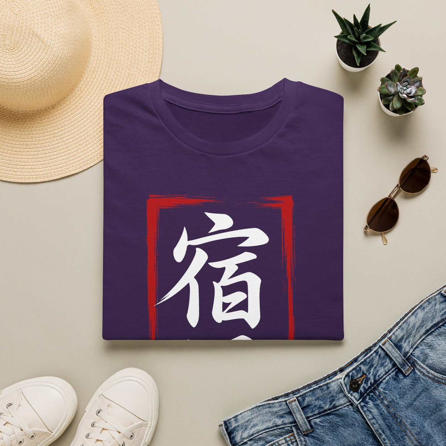 Kanji 'Fate' Graphic T-Shirt — Japanese 宿縁 Red Brushstroke Design