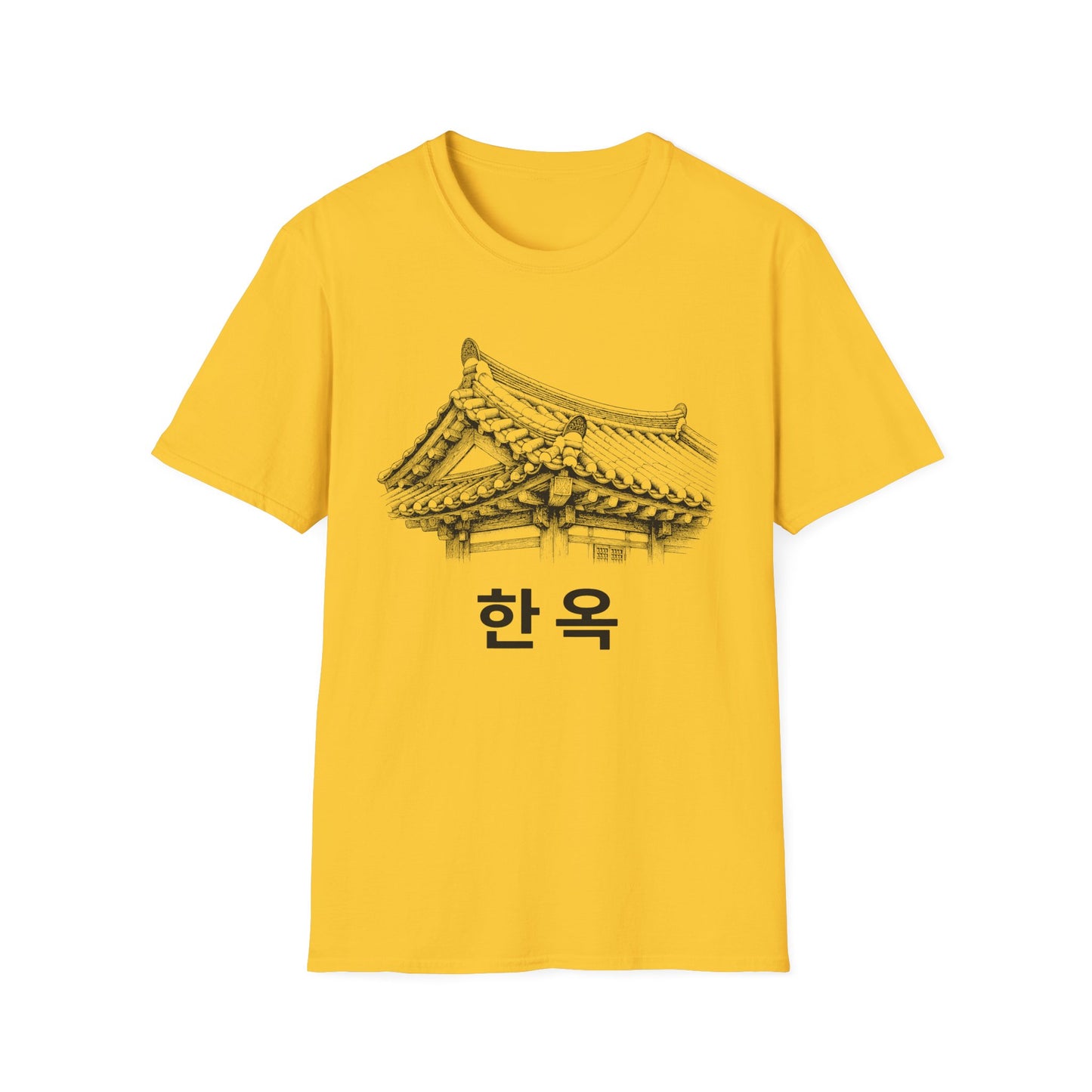 T-Shirt — Hanok Roof Sketch Tee with '한옥' Korean Heritage Design