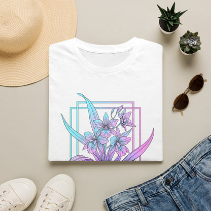 Floral Pastel Iris Tee — Botanical Purple & Teal Graphic T-Shirt