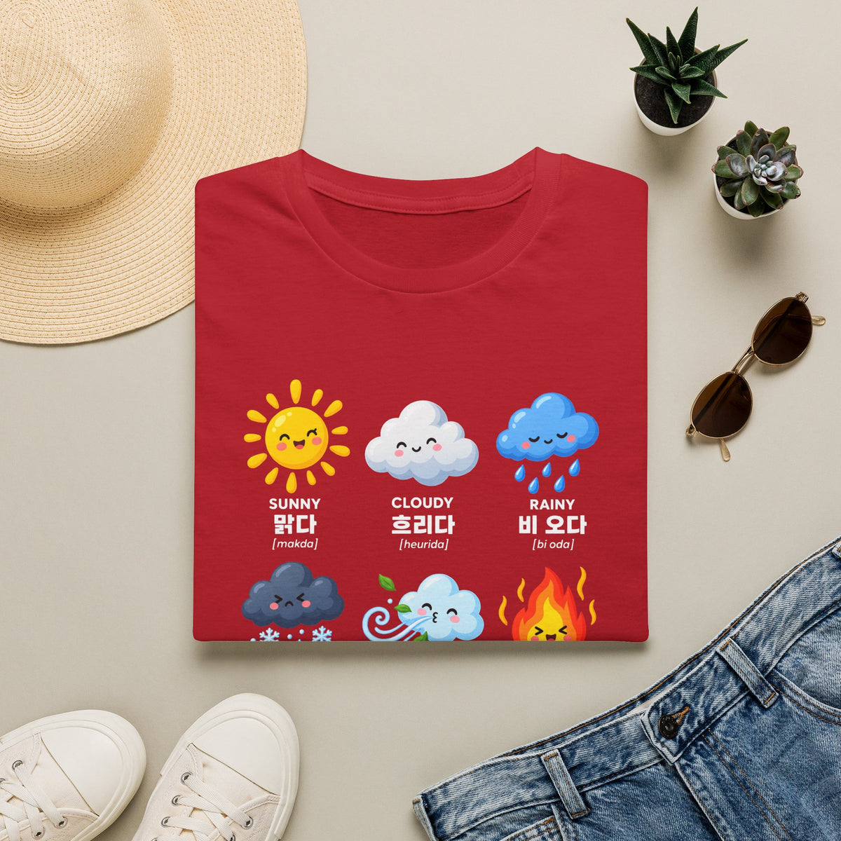 Weather Emoji Chart T-Shirt — Sunny Cloudy Rainy Korean Weather Icons