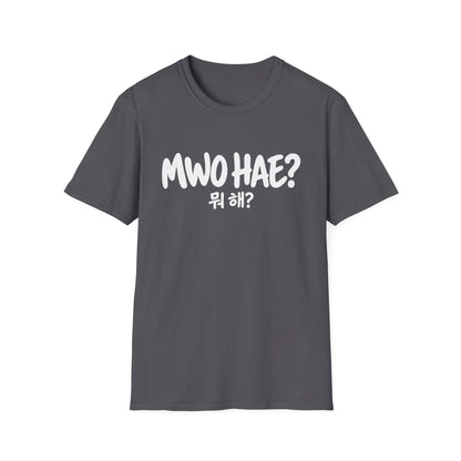 Mwo Hae? Korean Phrase T-Shirt — Casual Hangout Tee with Korean '뭐 해?' Graphic