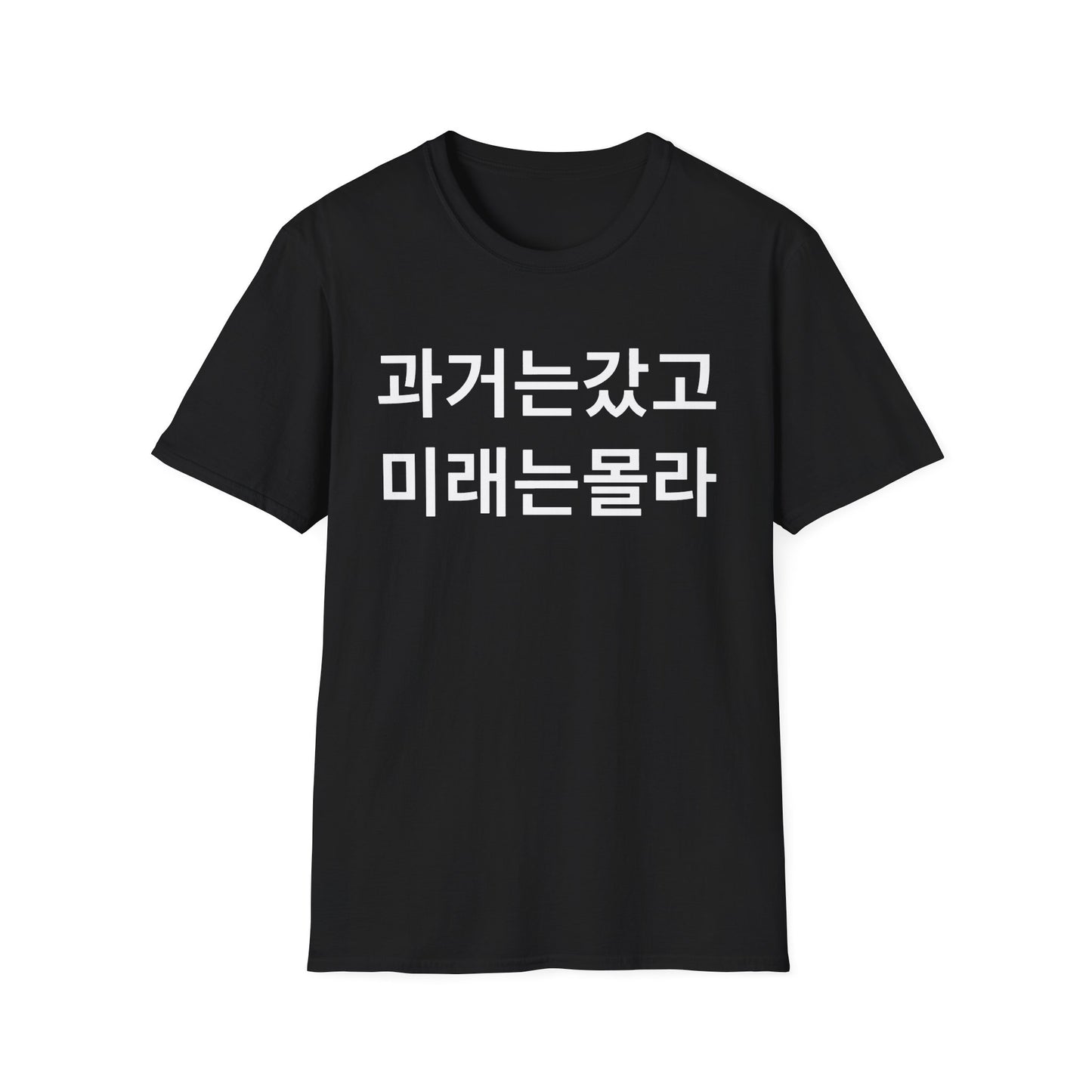 Korean Phrase T-Shirt — '과거는갔고 미래는몰라' Minimalist Typography Tee