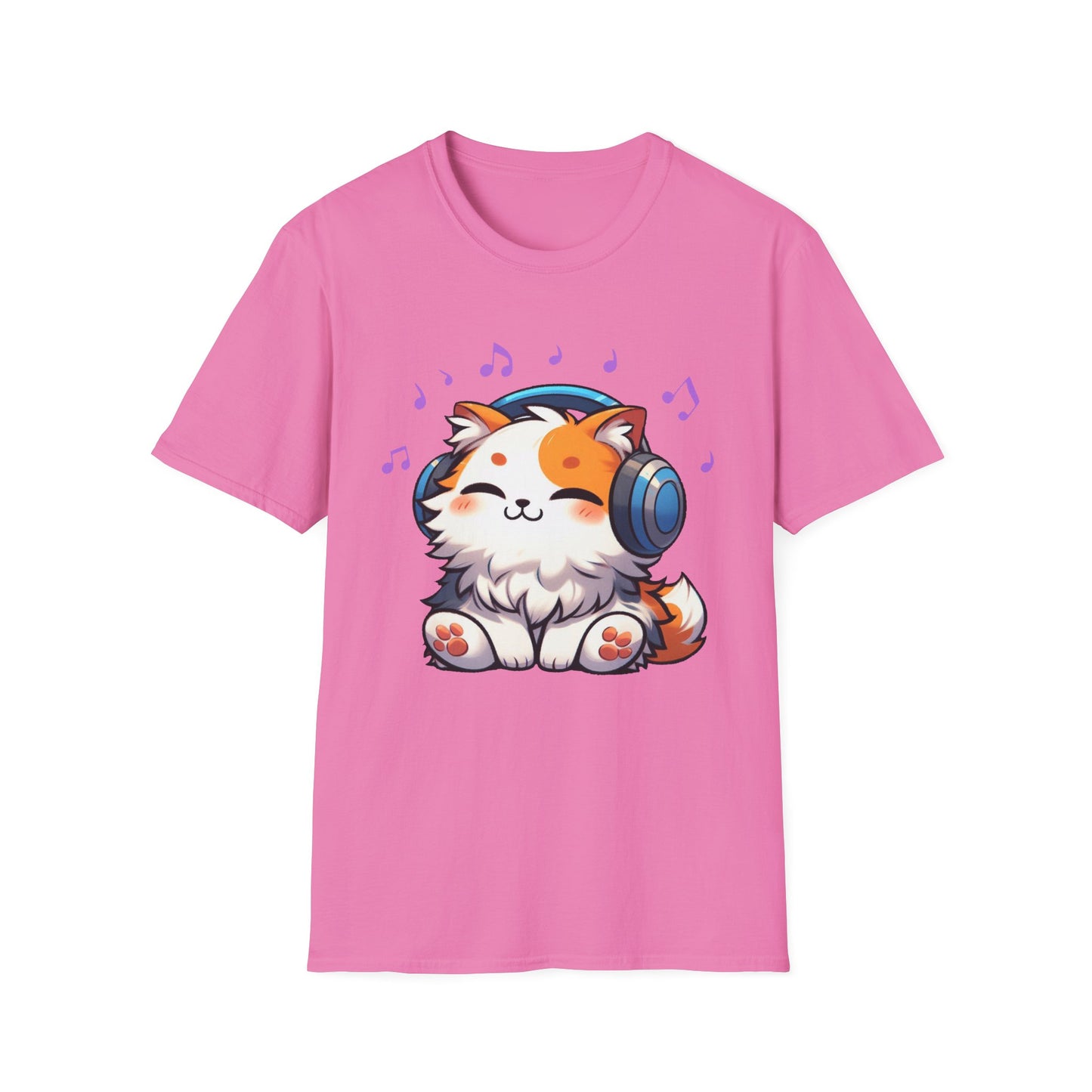 Cute Cat Music Lover T-Shirt - Unisex Softstyle Tee with Headphones and Musical Notes