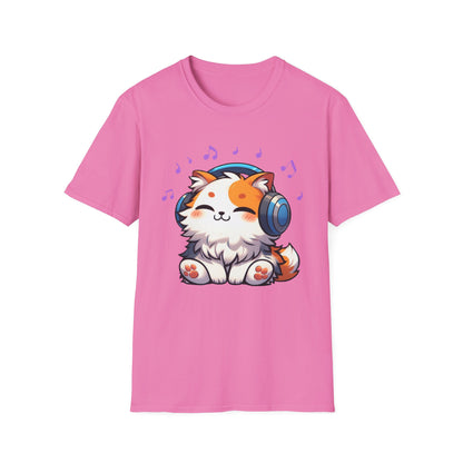 Cute Cat Music Lover T-Shirt - Unisex Softstyle Tee with Headphones and Musical Notes