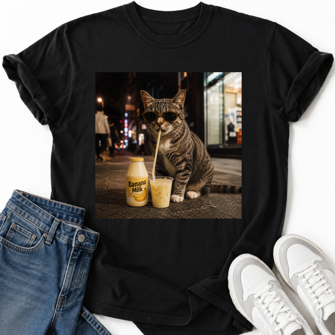 CAT DRINKING BANANA MILK T-SHIRT