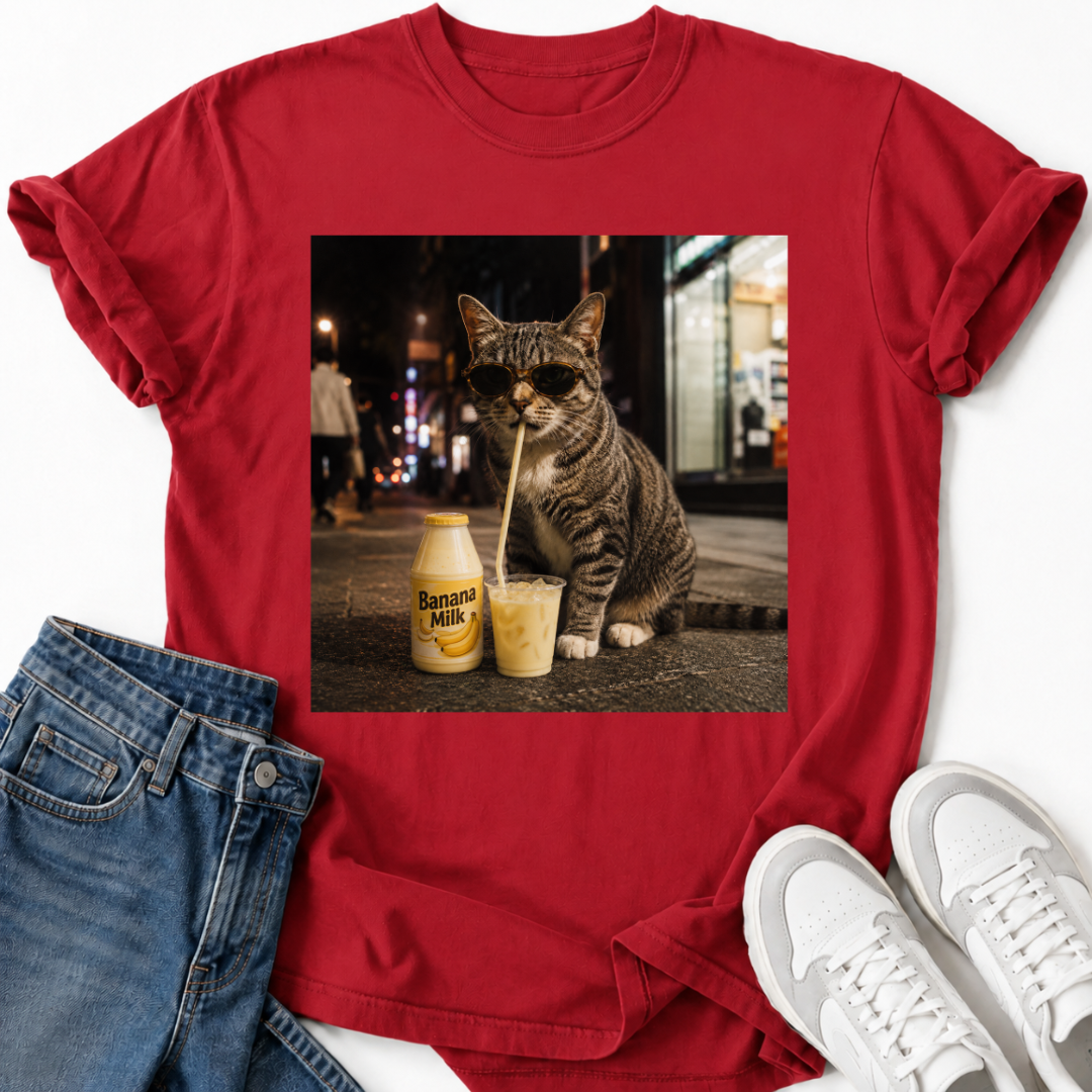 CAT DRINKING BANANA MILK T-SHIRT