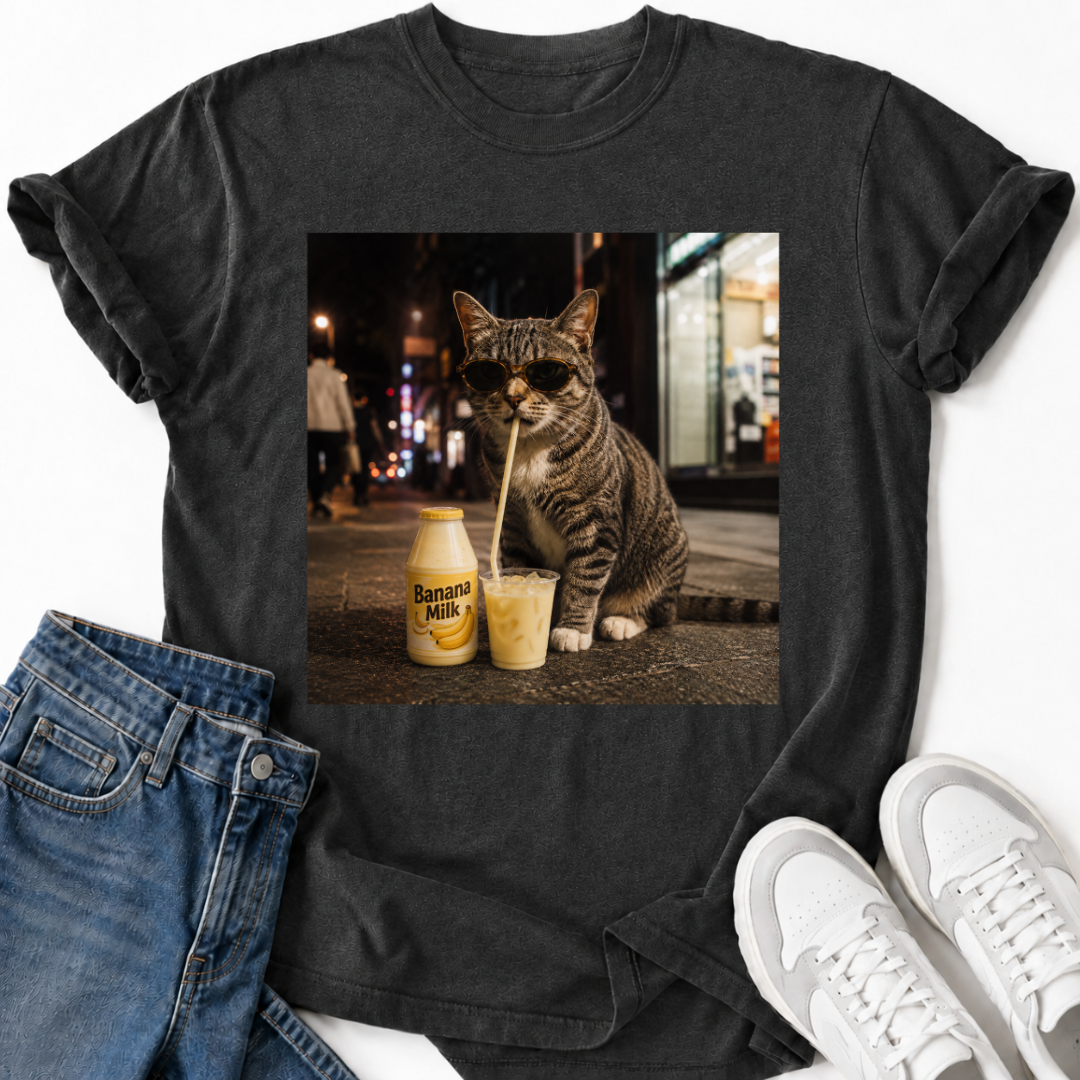 CAT DRINKING BANANA MILK T-SHIRT