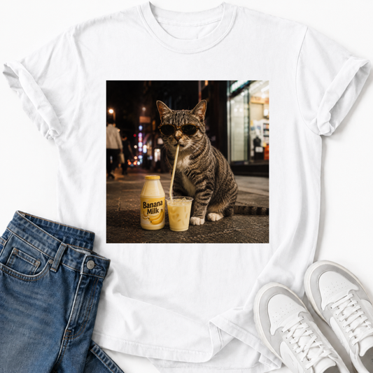 CAT DRINKING BANANA MILK T-SHIRT