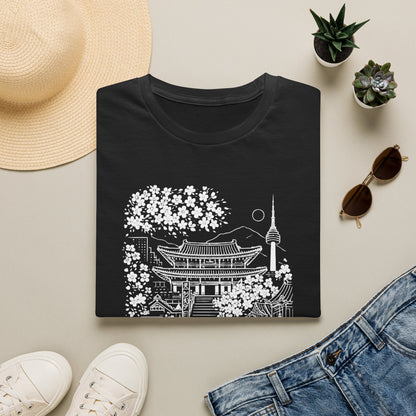Korean Temple & Cherry Blossom T-Shirt — Seoul Pagoda Skyline Tee
