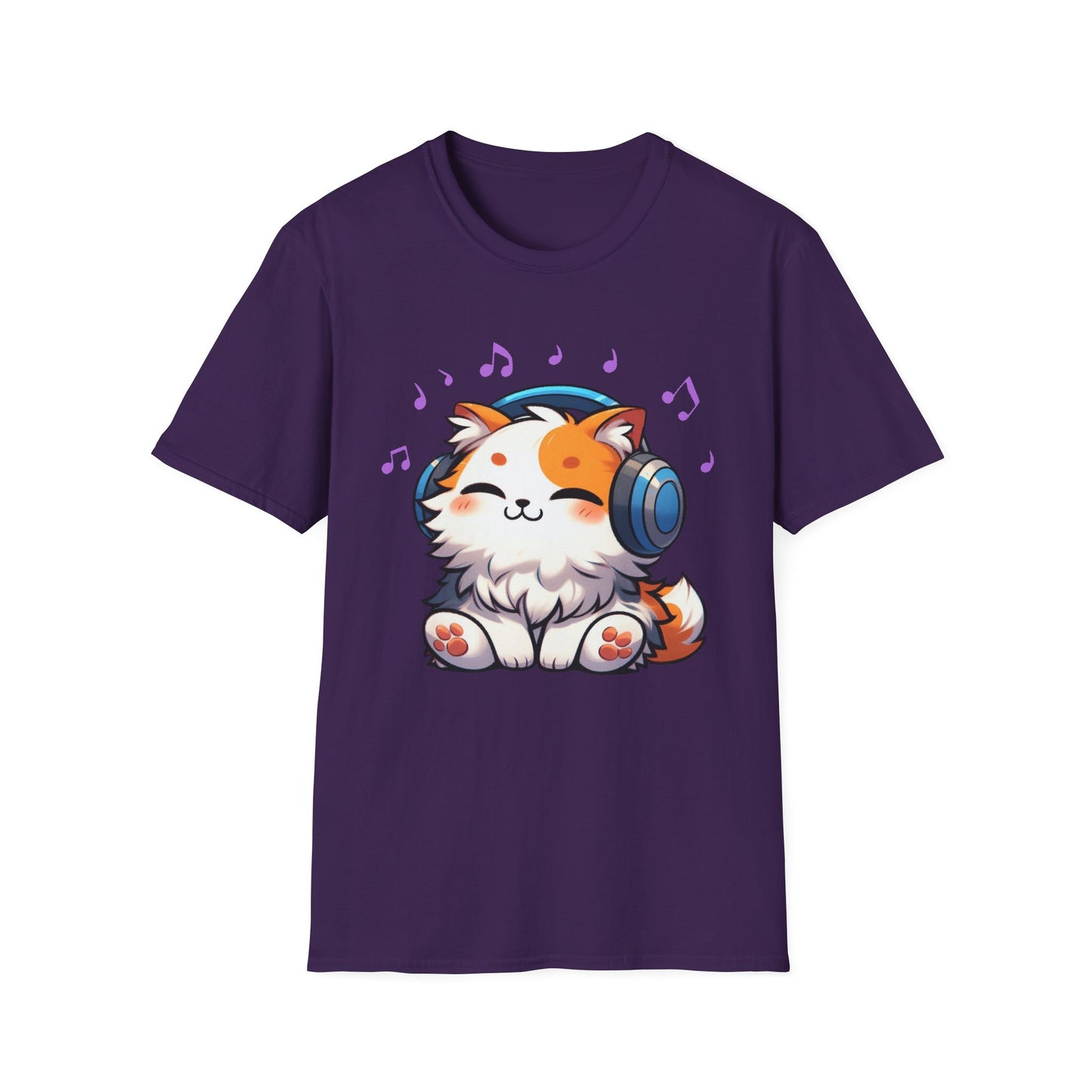Cute Cat Music Lover T-Shirt - Unisex Softstyle Tee with Headphones and Musical Notes