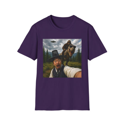 Funny Bigfoot Selfie T-Shirt — UFO, T-Rex & Sasquatch Wilderness Tee