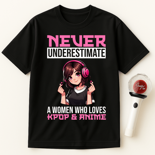 NEVER UNDERESTIMATE A WOMAN WHO LOVES K-POP & ANIME UNISEX T-SHIRT