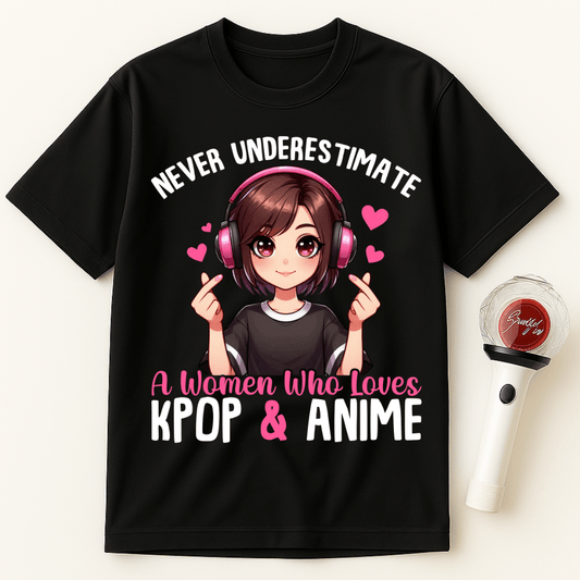NEVER UNDERESTIMATE A WOMAN WHO LOVES K-POP & ANIME UNISEX T-SHIRT