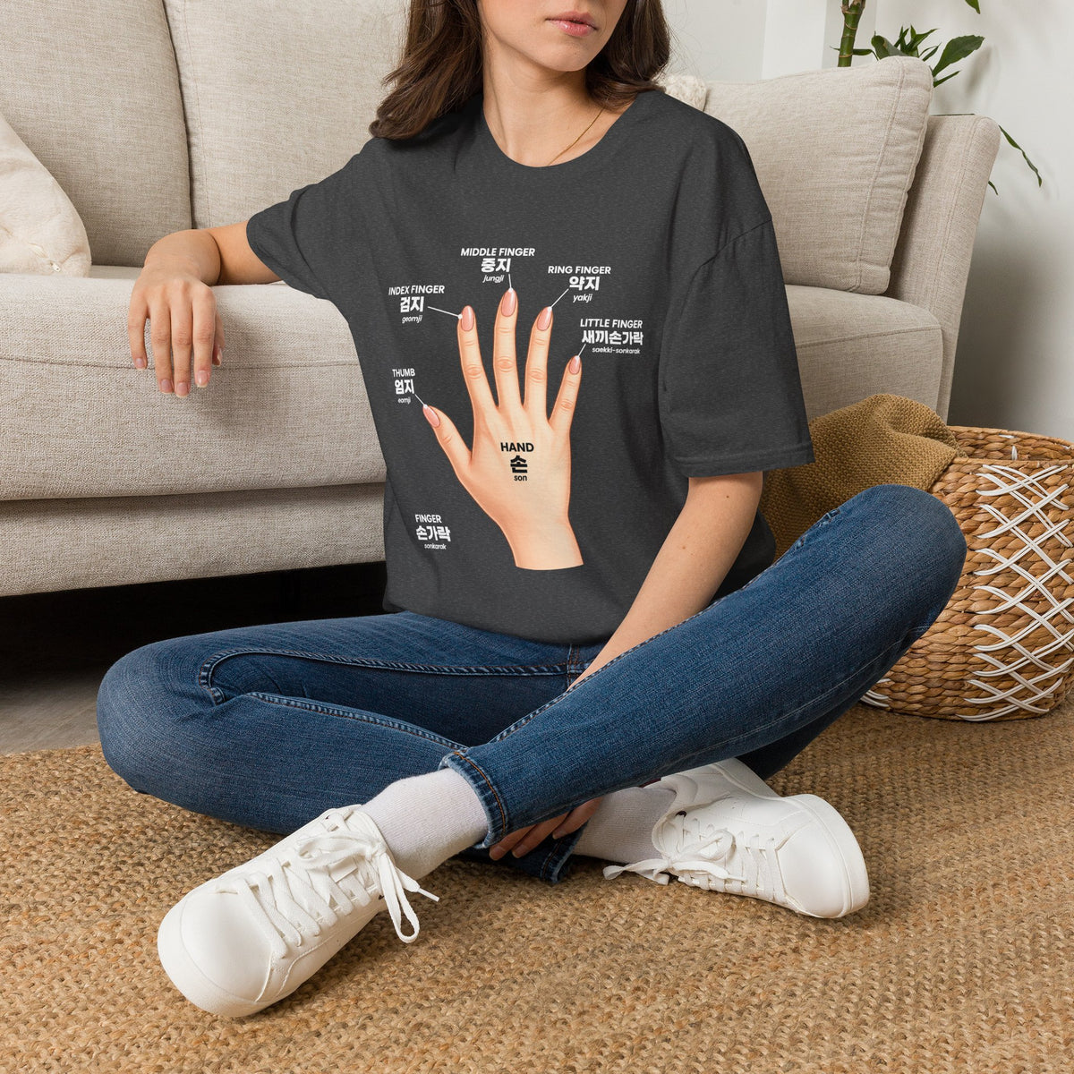 Korean Finger Labels T-Shirt — Hand Anatomy Graphic Tee (Index, Middle, Ring, Pinky, Thumb)