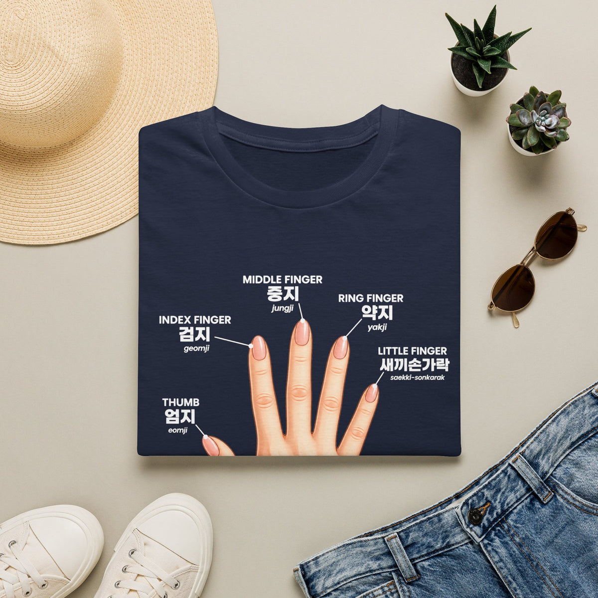 Korean Finger Labels T-Shirt — Hand Anatomy Graphic Tee (Index, Middle, Ring, Pinky, Thumb)