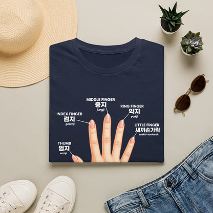 Korean Finger Labels T-Shirt — Hand Anatomy Graphic Tee (Index, Middle, Ring, Pinky, Thumb)