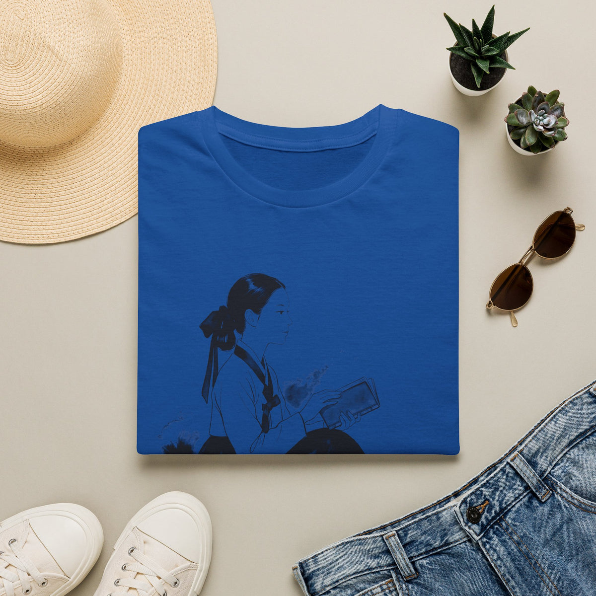 Vintage Korean Hanbok Reader T-Shirt — Gentle Ink Illustration Tee
